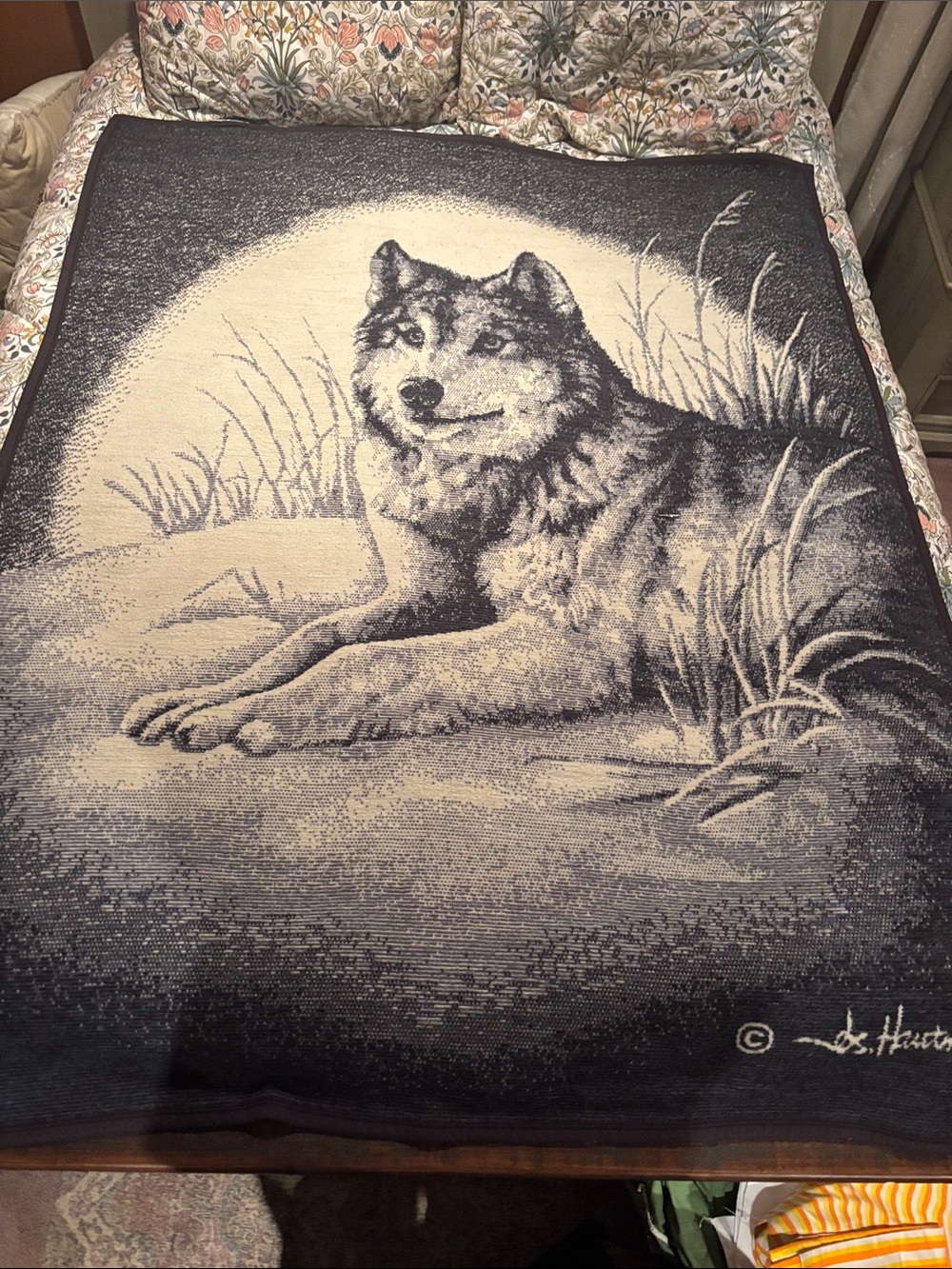 VINTAGE Biederlack Wolf Lodge Throw Blanket 74”x54" Blue James Hautman,